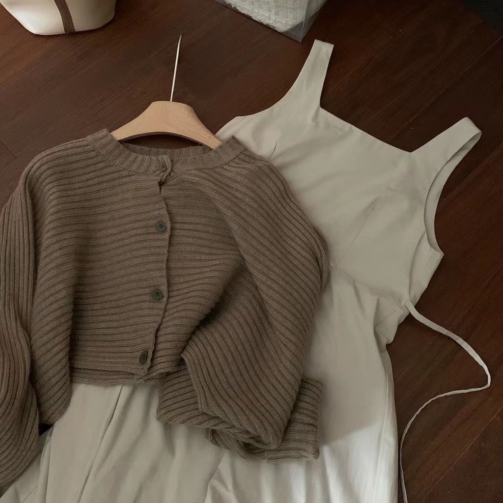 Bộ Áo cardigan Dệt Kim Dáng Ngắn Phối Chân Váy Yếm Eo Cao Kiểu retro Hàn Quốc Thời Trang Cho Nữ