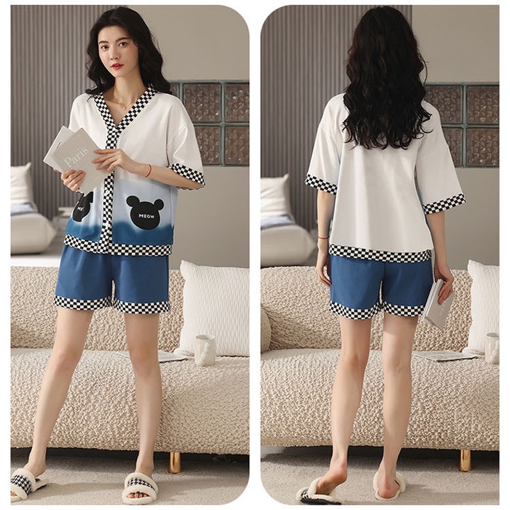 💃 Bộ Pyjama Nữ Phối Viền Caro Cộc Tay Ống Rộng 3 Màu