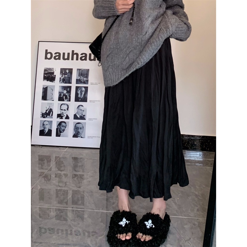 Chân Váy Dài Dáng Rộng Lưng Cao Xếp Ly Màu Trơn Thời Trang Hàn Quốc Xinh Xắn Cho Nữ