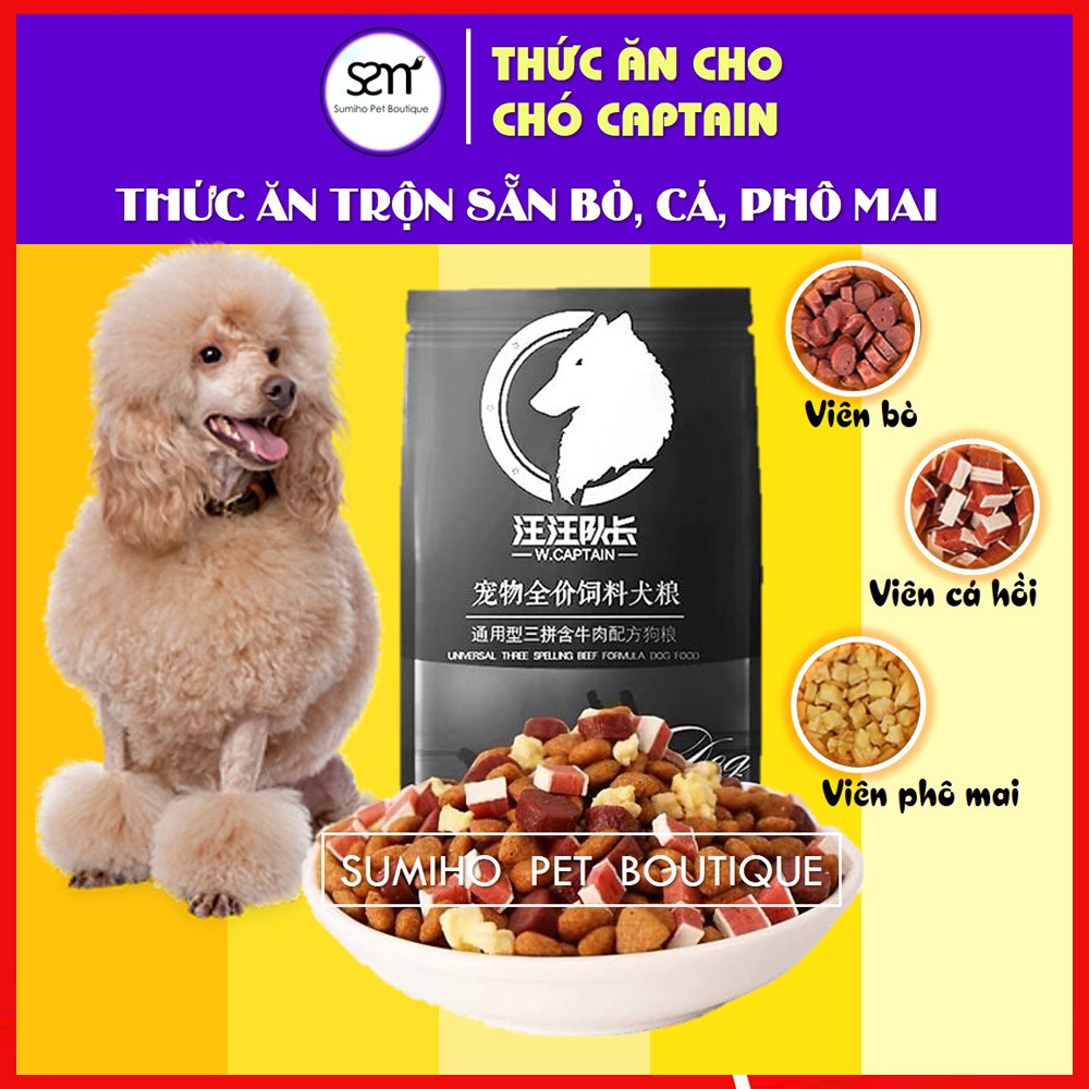 Hạt thức ăn cún cưng Captain (Túi 2.5Kg) trộn lẫn thịt bò, phô mai, cá hồi, rau củ