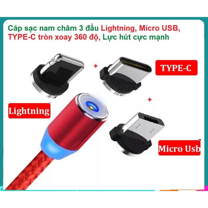 Dây sạc điện thoại nam châm 3 đầu type C, lighting, micro Usb