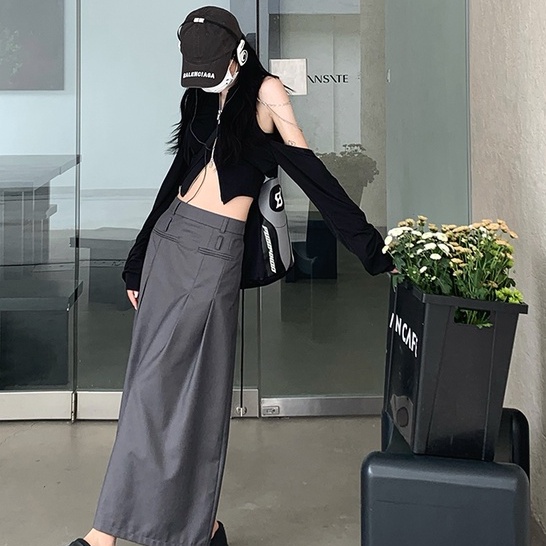 Áo croptop QKOOLE trễ vai dài tay/ Chân váy chữ A QKOOLE lưng cao thời trang Hàn Quốc cho nữ