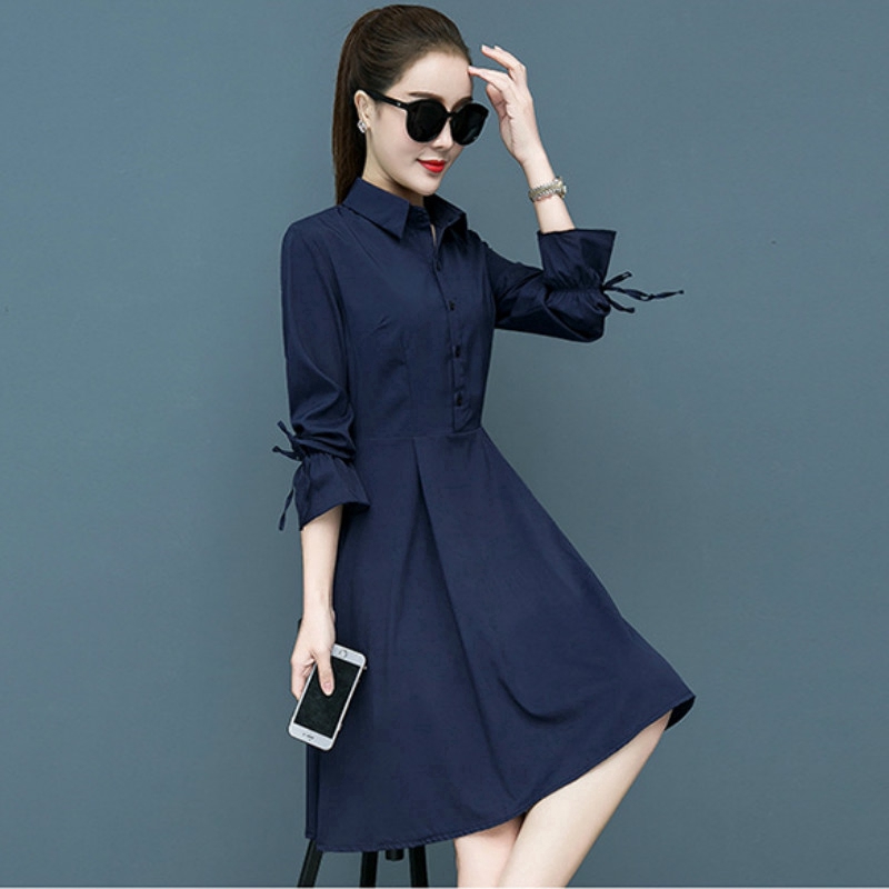 Đầm Sơ Mi Tay Dài Màu Xanh Navy S-5Xl