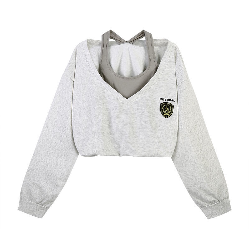 Áo sweater Ngắn Cổ Chữ V Giả Hai Lớp Thiết Kế Dễ Thương Cho Nữ