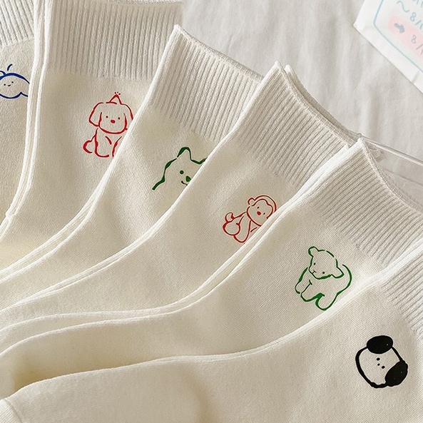 Vớ tất kem trơn xoăn in hình cún cute cổ cao