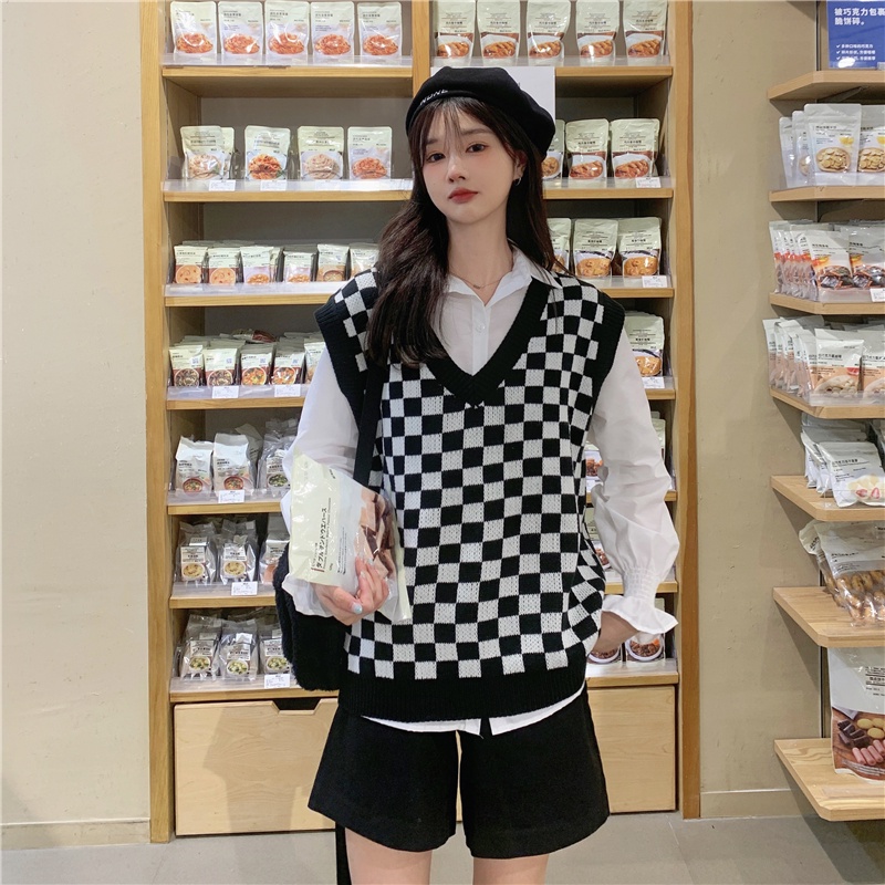 Áo gile len nữ ulzzang hàn quốc họa tiết kẻ ô freesize MINHU CLOTHES - AL04