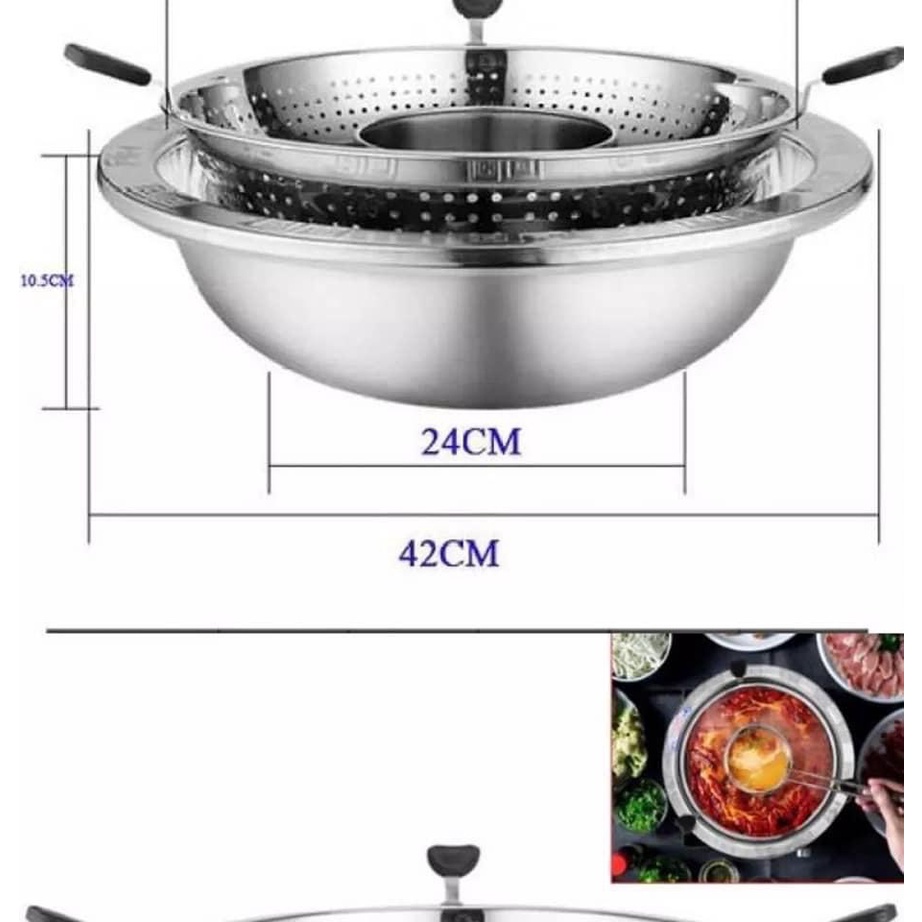 Nồi lẩu 2 ngăn đa năng dùng được mọi loại bếp đường kính 32cm chất liệu inox 304, Nồi lẩu mini 2 tầng đa năng