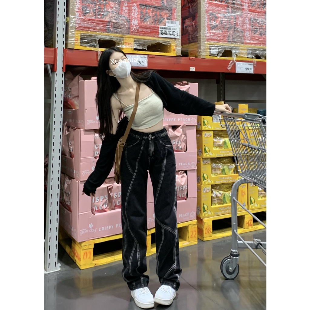Cocory vn Quần Jean Dài Lưng Cao Ống Rộng Thời Trang Vintage Đường Phố Cá Tính
