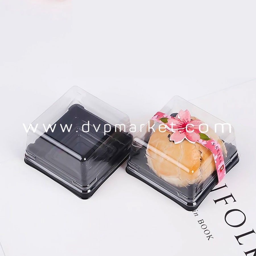 Hộp Nhựa Đựng Bánh Trung Thu Hình Vuông Trong Suốt Đế Đen - Đại Vạn Phát