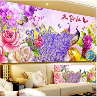 Tranh đính đá chim công phu thê viên mãn 150x70, 120x60cm