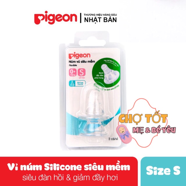 VỈ 2 NÚM VÚ PIGEON SIÊU MỀM CỔ HẸP ĐỦ SIZE S,M,L,Y