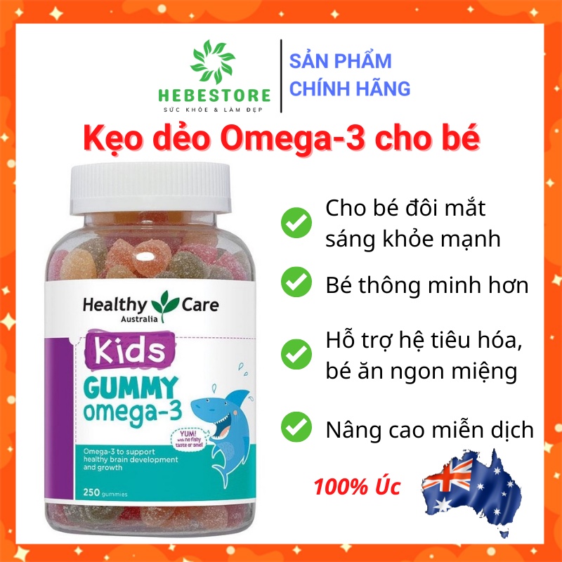 (Chuẩn Úc) Kẹo dẻo Gummy Omega-3 Healthy Care 250 viên, kẹo Gum bổ sung Omega 3 cho bé