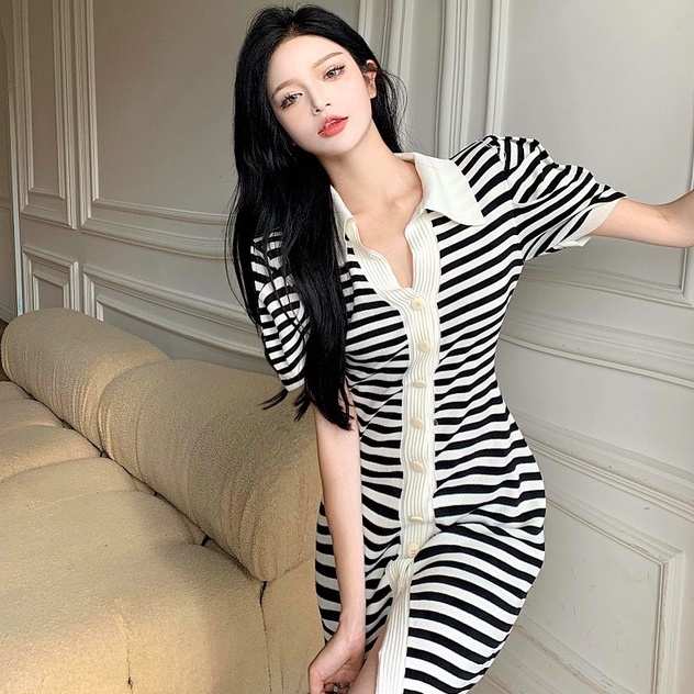 Đầm ZHELIHANGFEI dệt kim cổ polo họa tiết kẻ sọc thời trang trẻ trung dành cho nữ
