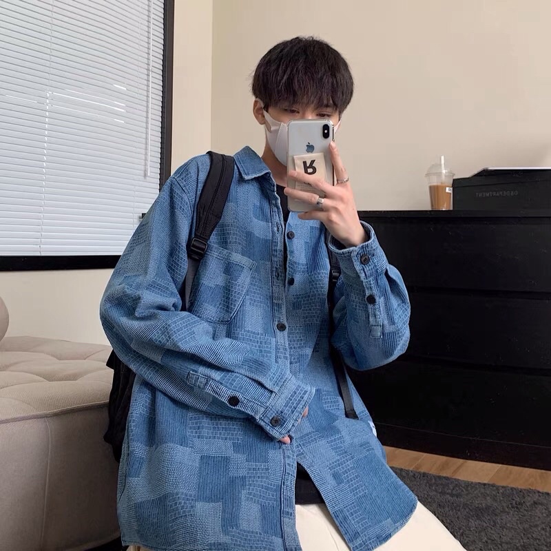 Áo sơ mi bò denim mosaic phối màu đậm nhạt Ulzzang form rộng oversize hiphop siêu chất ❤️