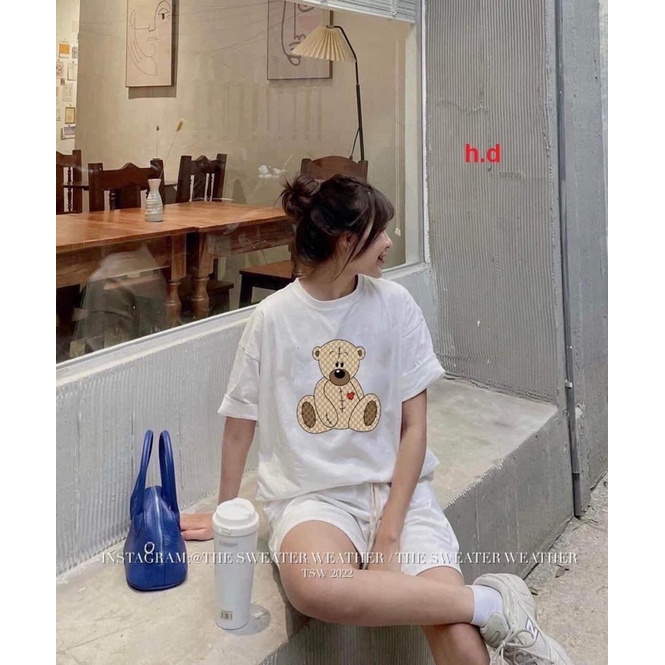 Sét bộ nam nữ  Gấu Tim Đỏ  unisex form thụng giá rẻ áo phông chất cotton mềm mịn mix quần đùi ngố trơn đen