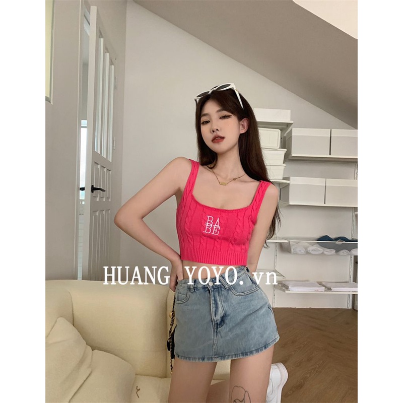 HUANG YOYO Áo Croptop Dệt Kim Hai Dây Thêu Họa Tiết Xinh Xắn Theo Phong Cách Mùa Hè Hàn Quốc