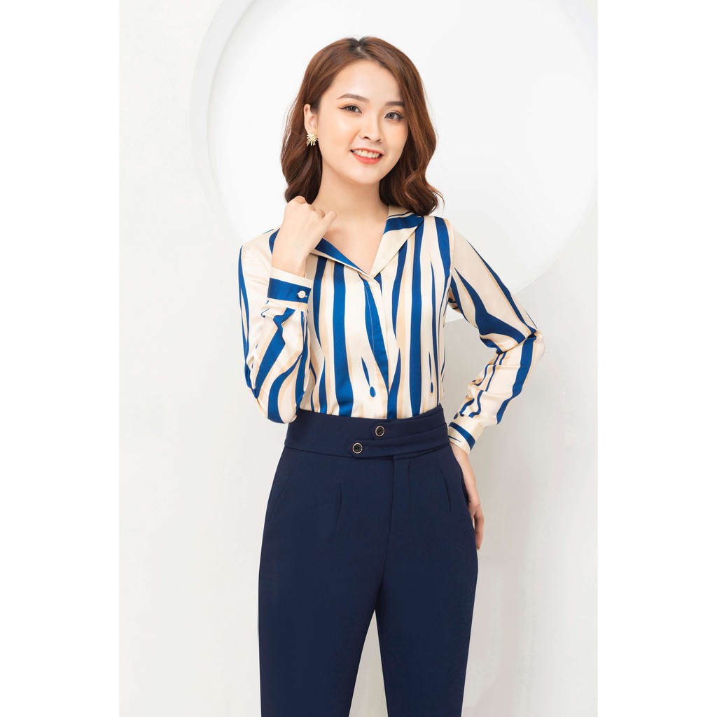 Áo sơ mi nữ cổ vest màu xanh, công sở nữ tay dài dáng suông, chống nhăn chống xù Bly Fashion Mã SP: SMA381