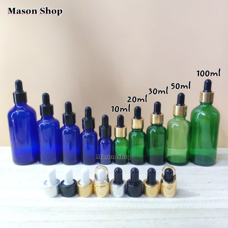 LỌ ĐỰNG TINH DẦU thủy tinh BÓP NHỎ GIỌT 10ml 20ml 30ml 50ml 100ml VỎ CHAI CHIẾT SERUM MỸ MĨ PHẨM Xanh dương/xanh lá