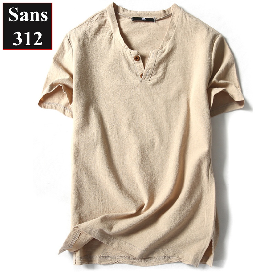 Áo thun nam đũi Sans312 chất cotton linen mát lạnh cộc tay cài nút cổ v trơn đẹp xịn mềm mịn big size 5XL 4XL 3XL