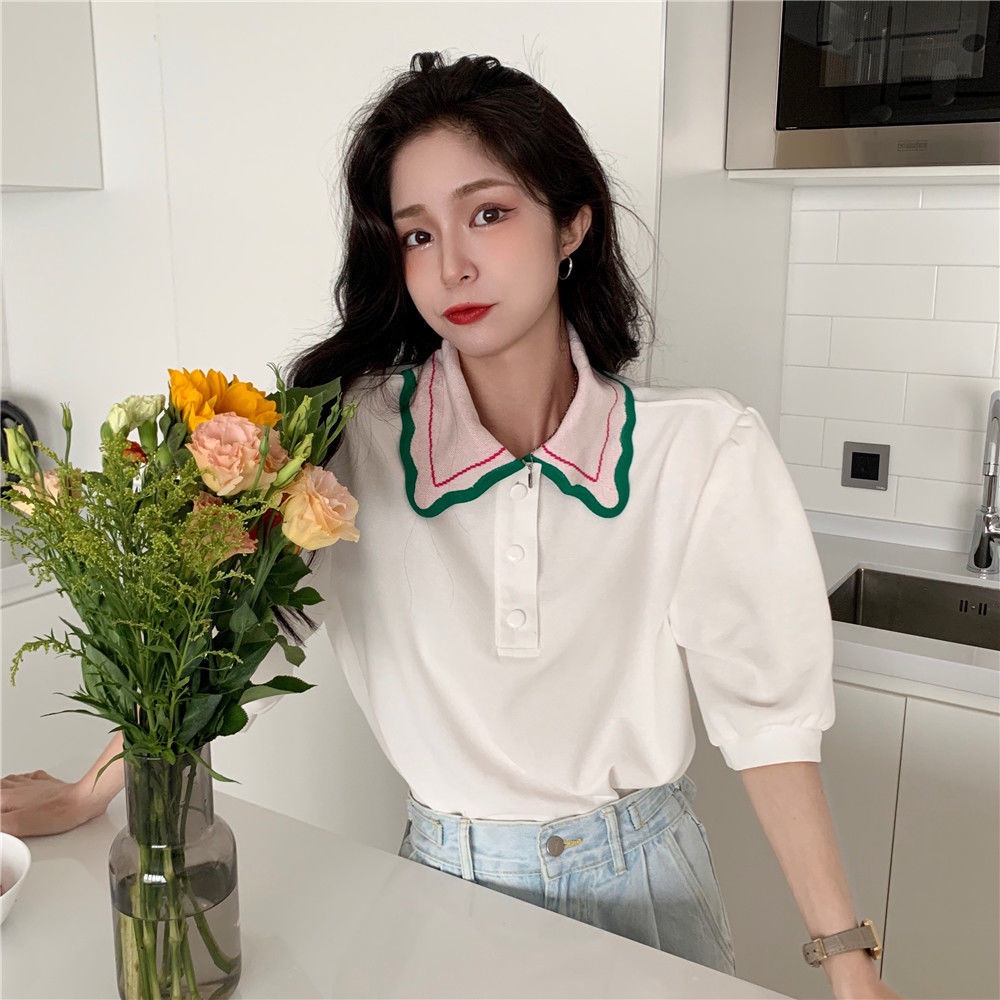 Áo polo Tay Ngắn Phồng Cổ Búp Bê Sang Trọng Dành Cho Nữ