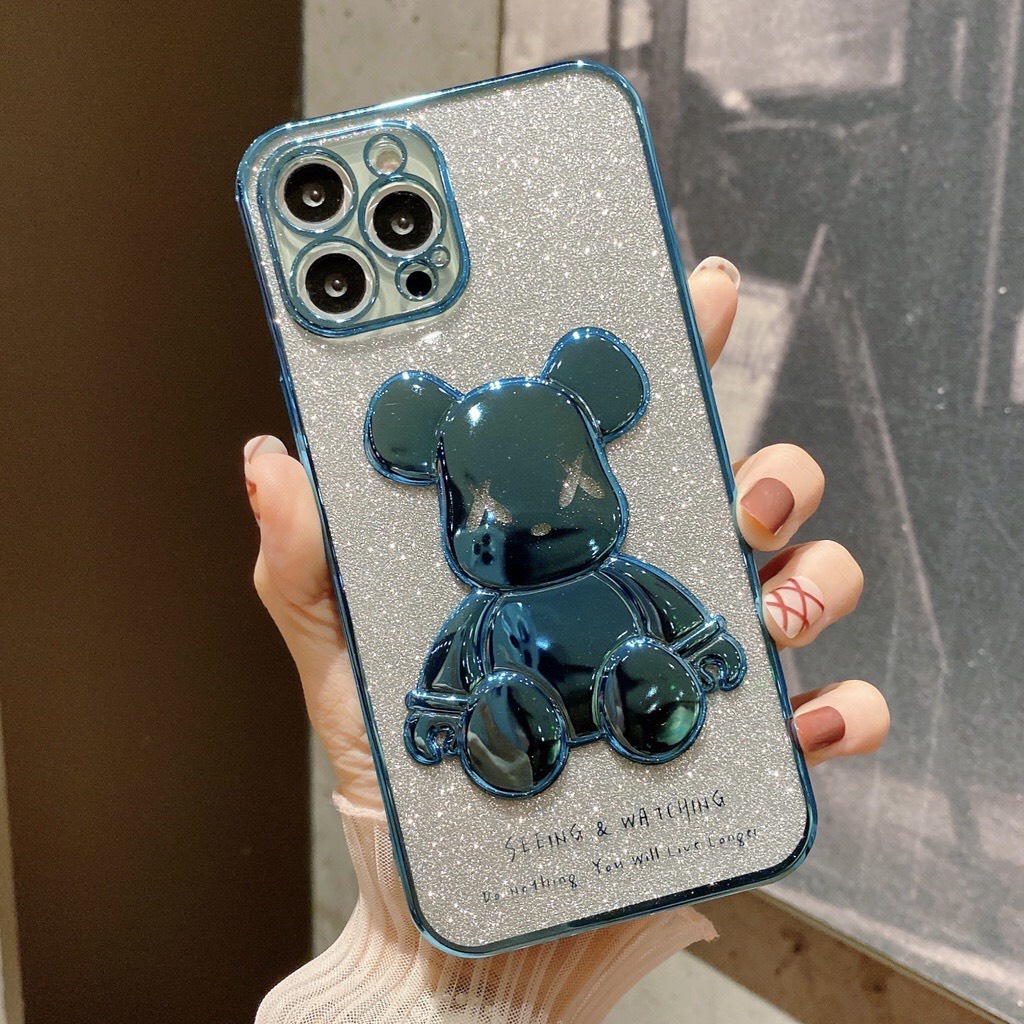 Ốp điện thoại mềm mạ nổi 6D hình gấu nhũ lấp lánh cho 7 plus 8 plus xs max 11 pro max 12 PROMAX 13PRO MAX