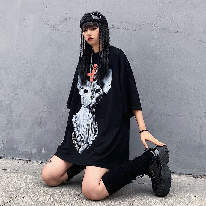 Happy-store 💋 Áo Thun Tay Ngắn In Hình mèo Cá Tính Phong Cách Hip Hop Hàn Quốc 2 Màu Tùy Chọn Cho Nữ