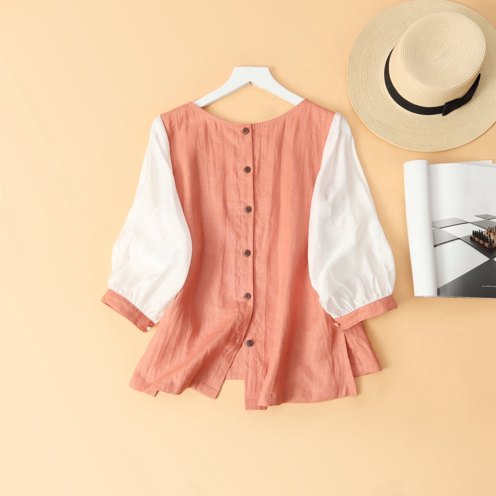 Áo linen tơ KACHISA màu hồng cam, tay phồng phối nút phía sau