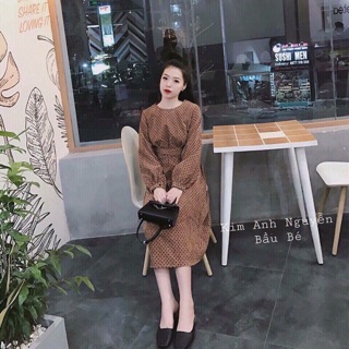 Váy nhung bi xoắn eo