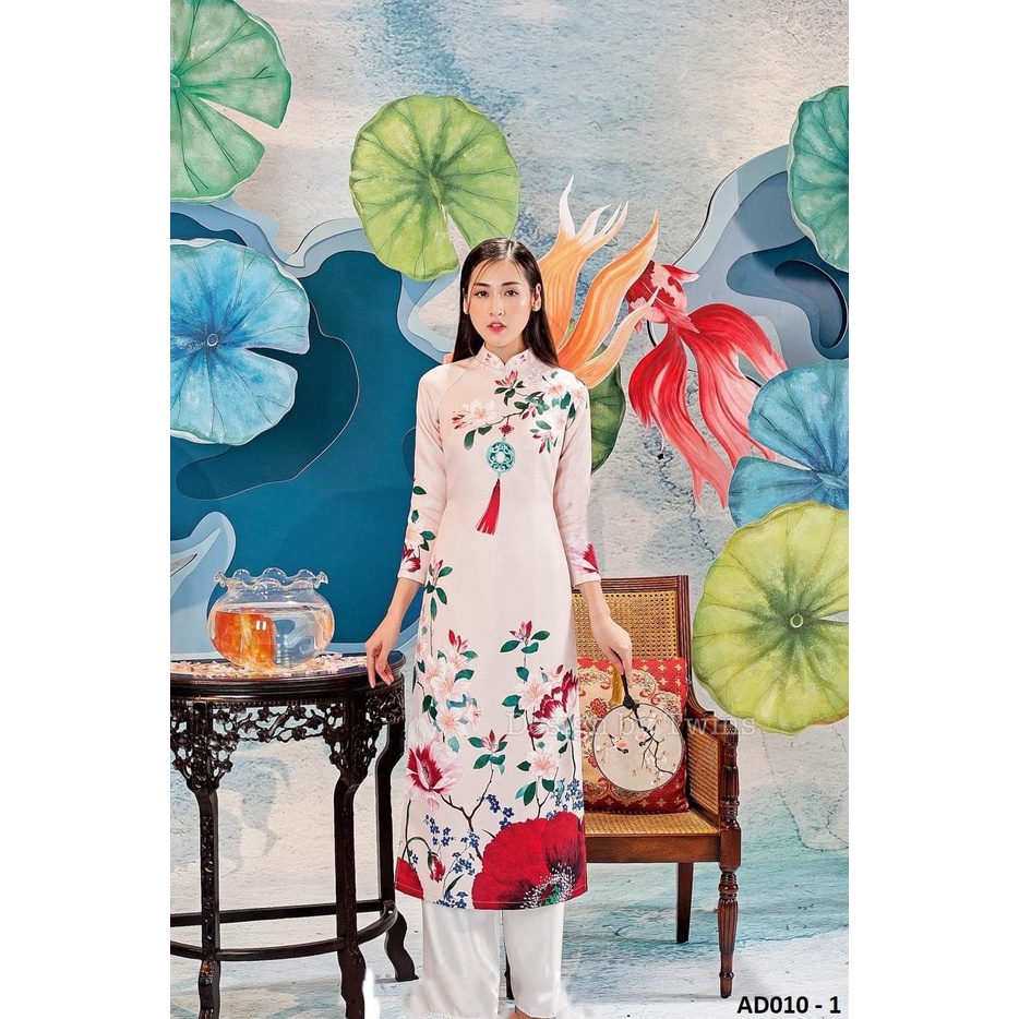 XẢ KHO HÀNG LỖI - Áo dài gấm KÈM QUẦN, chất gấm sang trọng, in hoa - AD010