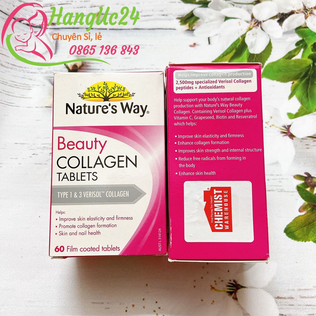 Viên uống đẹp da, tóc Collagen Nature's Way của Úc, 60 viên - Beauty Collagen Booster Natures Way - Đủ bill Chemist