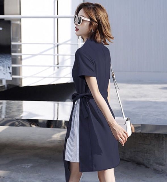 Đầm Nữ Xanh Đen Cột Eo Phối Sọc