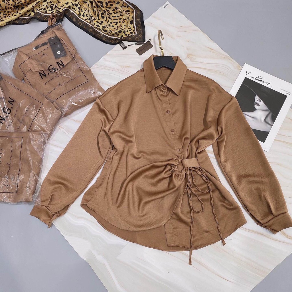 Áo kiểu sơ mi nữ HQ Hàn Quốc đẹp form dáng rộng bigsize tay dài rút dây lệch eo vạt chéo tiểu thư bánh bèo dễ thương | BigBuy360 - bigbuy360.vn