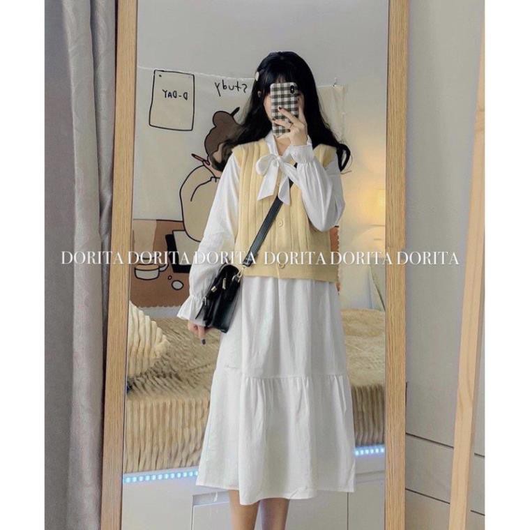 [Loại1SALE-Freeship] Váy trắng cổ nơ có lót trong❤dáng vintage trắng dáng dài❤phong cách babydoll Hàn Quốc | BigBuy360 - bigbuy360.vn