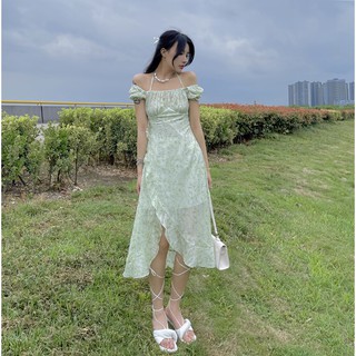 Ảnh thật video❤️ váy trễ vai xẻ hông hoa xanh cực xinh đầm trễ vai bèo dài