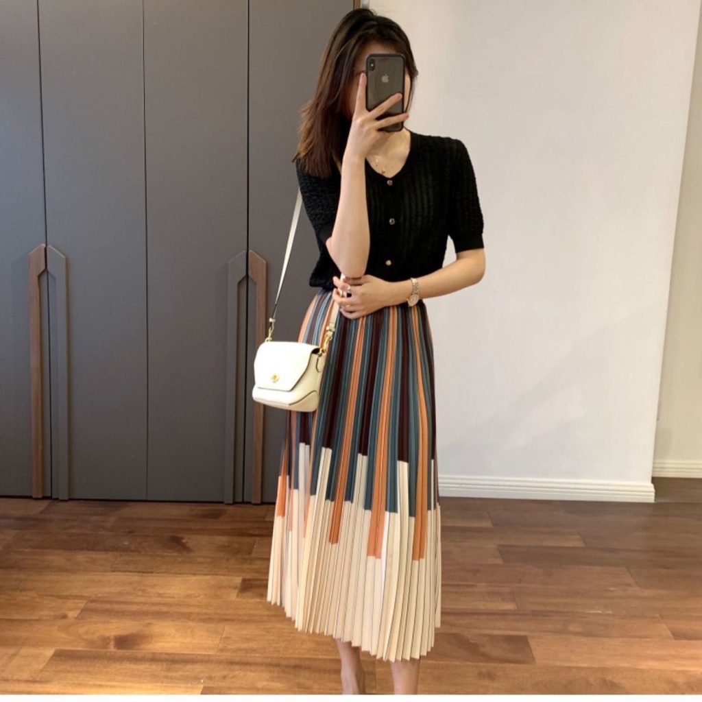 Chân Váy Dập Ly Dài Kẻ Sọc Phối 2 Màu Hài Hòa Tôn Dáng | Bé Tiu Clothing