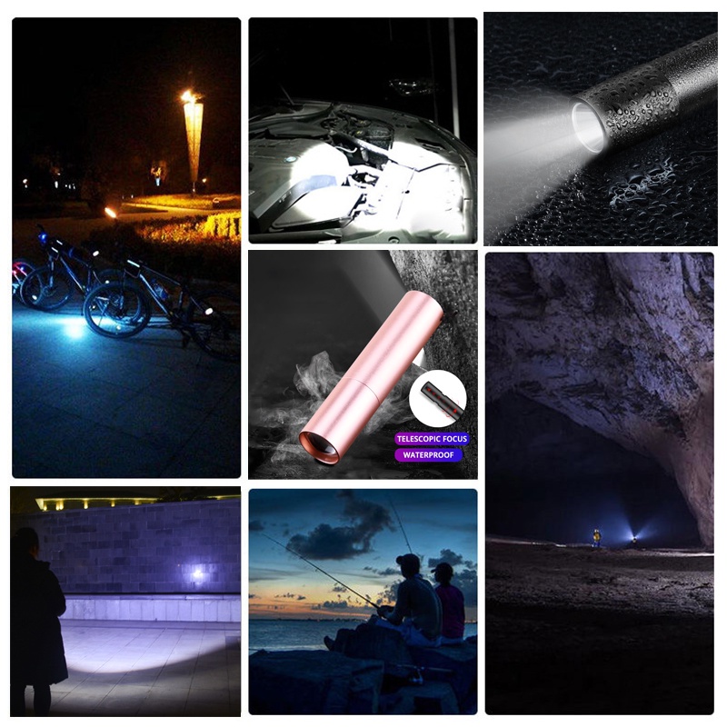 Đèn pin mini di động chống lóa công suất lớn dùng cắm trại ngoài trời màu đen/bạc/vàng hồng