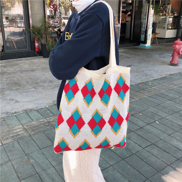 【Insfree】Student Knitted Handbag Tote Bag Wool Shoulder Cloth Bag Ins Recommended