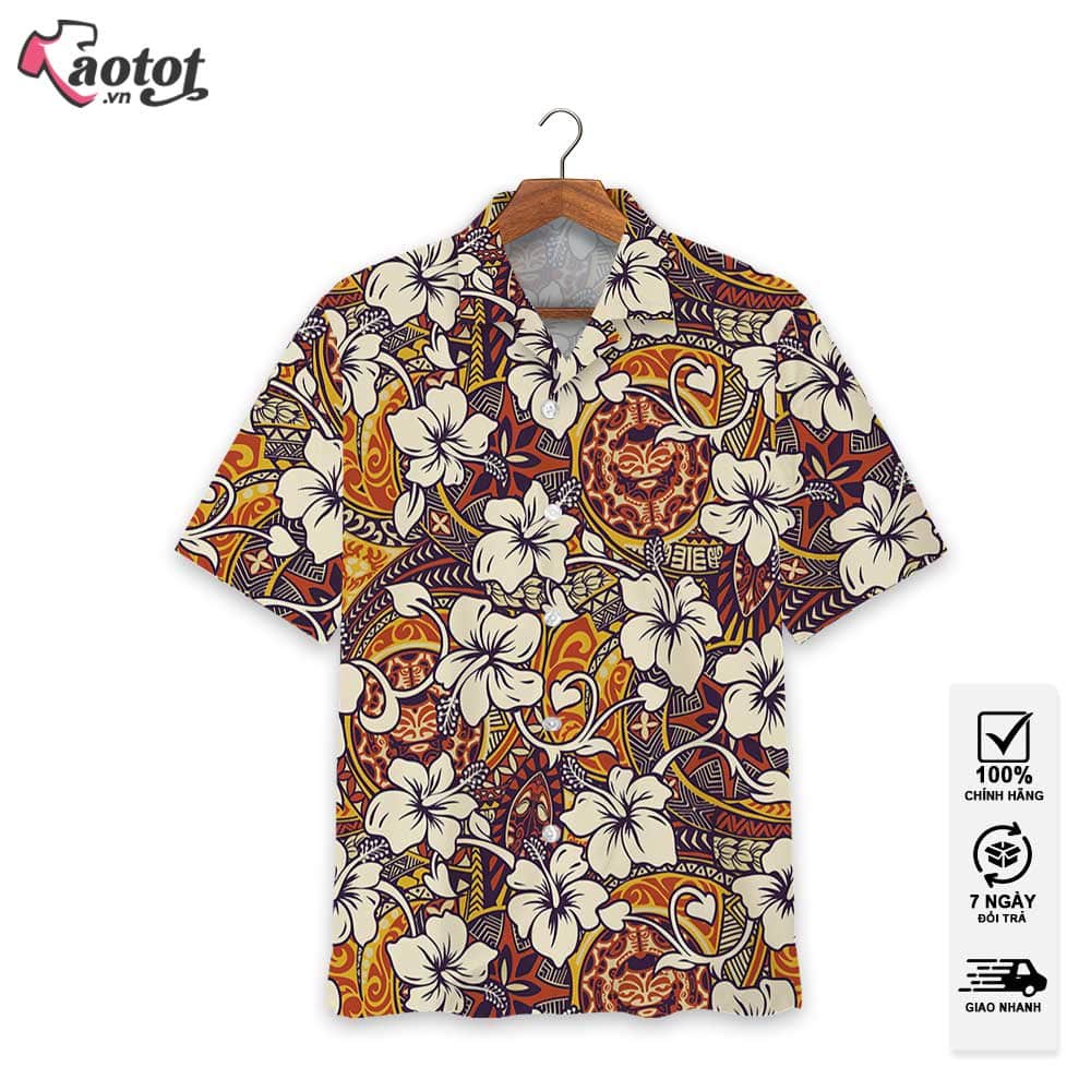 Áo Hoạ Tiết Hoa Nhiệt Đới Phong Cách Trầm Vintage Hawaii, tay ngắn vải lụa thấm hút, thoáng mát, không nhăn