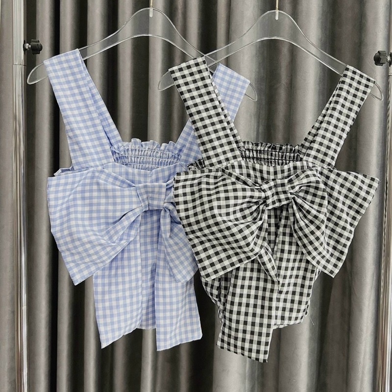 [HOT] ÁO KIỂU HAI DÂY BẢN NƠ TO CARO XANH,ĐEN CHẤT KATE SIÊU ĐẸP NỮ, chizishop