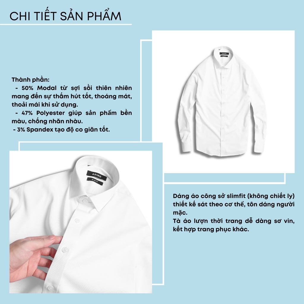Áo sơ mi trắng nam ADINO vải sợi sồi Modal mềm mịn co giãn dáng công sở slimfit hơi ôm trẻ trung SM14