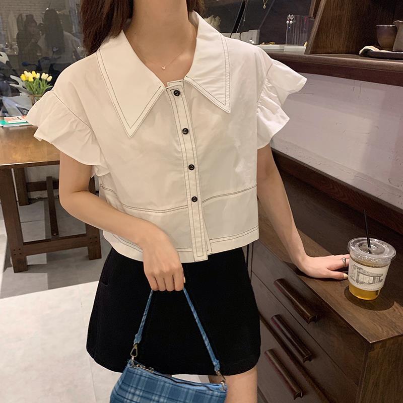 Anna's Summer 2021 new Korean version of the design sense niche lotus leaf side POLO collar short solid color short-sleeved shirt top girl