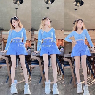 Set áo crop nhíu kèm quần kaki xanh