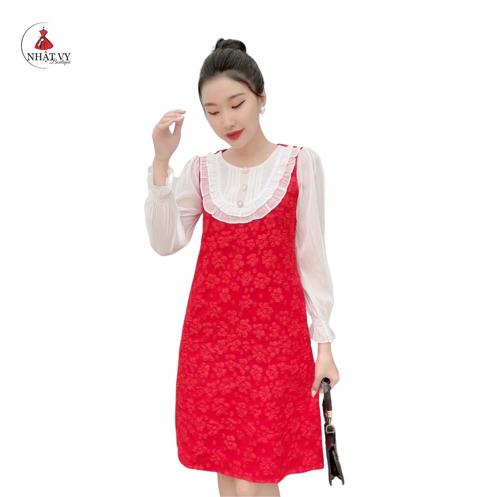 Đầm Đi Tiệc NHẬT VY Dáng Suông Họa Tiết Hoa Tay Dài Chất Tapta Thun Màu Đỏ, Hồng - D1878