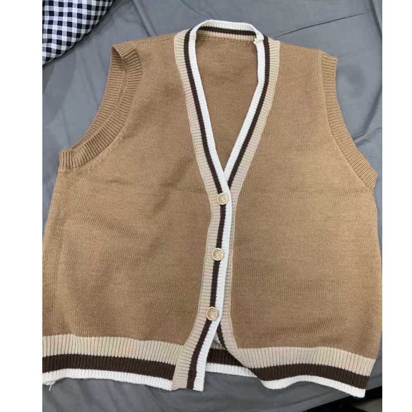 Áo gile, Áo gile len nữ màu nâu cài khuy viền sọc năng động ulzzang Hàn Quốc 2021 order Taobao