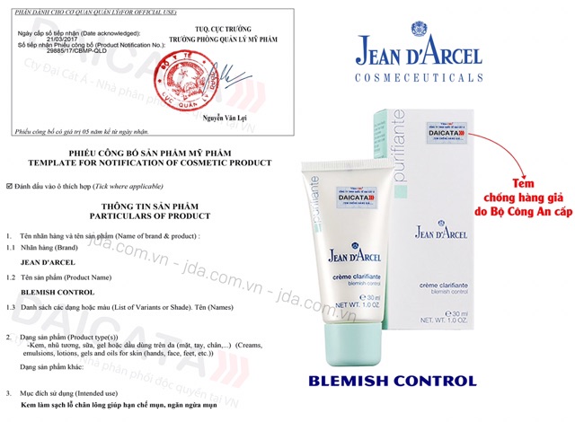 [CHÍNH HÃNG] Kem làm giảm mụn nhanh Jean D'arcel_Blemish Control 30ml