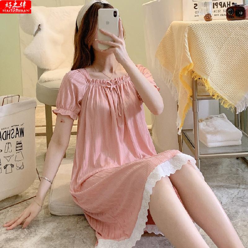 Đầm Ngủ Ngắn Tay Cổ Vuông Họa Tiết Kẻ Sọc Thời Trang Mùa Hè