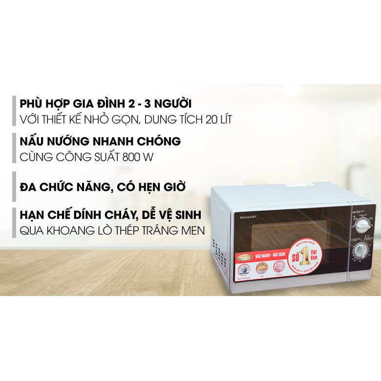 Lò vi sóng cơ có đèn lò hẹn giờ 35 phút Sharp R-205VN-S 20L 800W - Hàng chính hãng