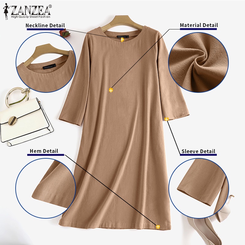 Đầm ZANZEA tay 3/ 4 có túi phong cách châu Âu dành cho nữ tùy chọn màu sắc