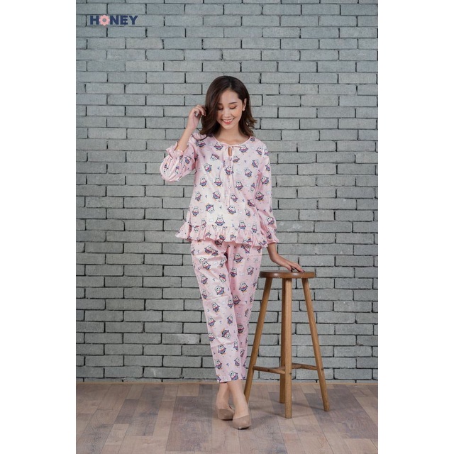 Bộ đồ bầu pijama chất thô hàn, quần có chun rút điều chỉnh theo kích cỡ bụng - Thời trang đầm bầu cao cấp HONEY