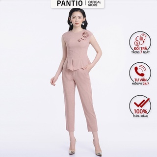 Áo sơ mi nữ ngắn tay, gắn hoa cách điệu trước ngực, tà áo xếp ly BAS32283 - PANTIO